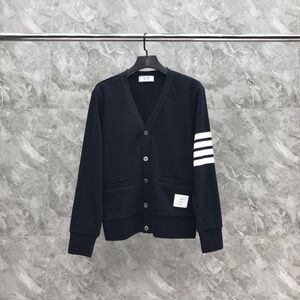 Thom Browne Navy Cardigan with White Sleeve Stripes